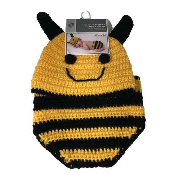 Hand Crocheted Hat And Diaper Cover Bumble Bee Sz 0-9 Months Infant Baby Photo - Picture 1 of 12